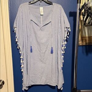 Time and Tru Blue and White Striped Tassel Beach Cover-Up